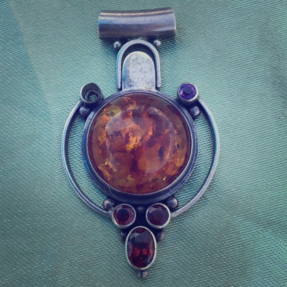 Sterling Silver Amber and Garnet Pendant